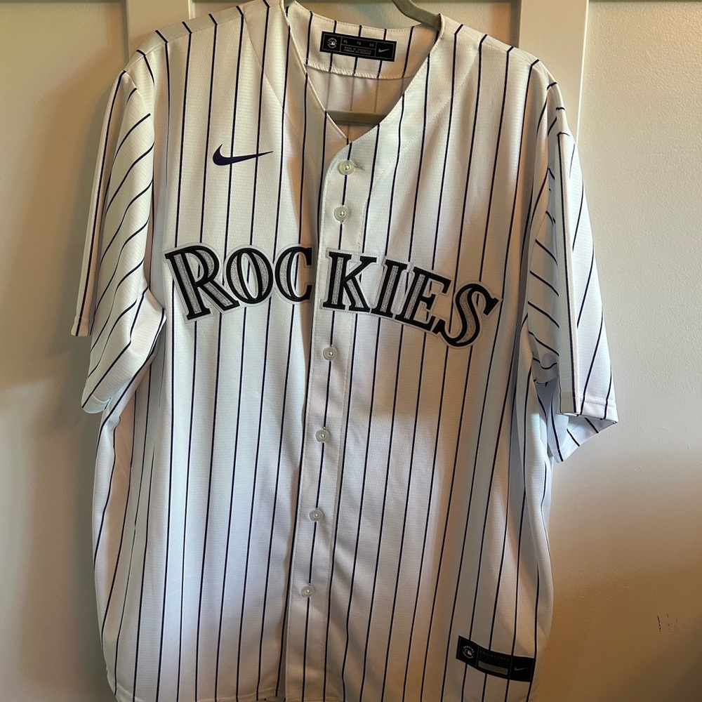 Nike Men's White and Black Pinstripe Rockies Jersey